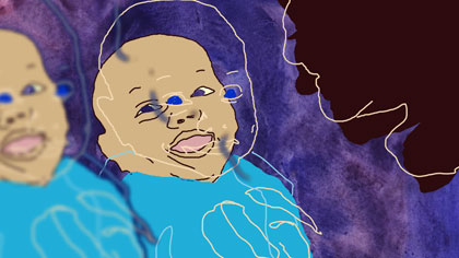 film still: Another image from the opening sequence when the doubled image breaks up again as Stanley throws his head back and laughs. He is looking at his father.

