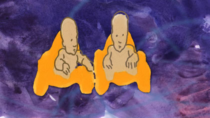 film still: Baby twins bobbing around – based on footage of them in a Jacuzzi in France.

