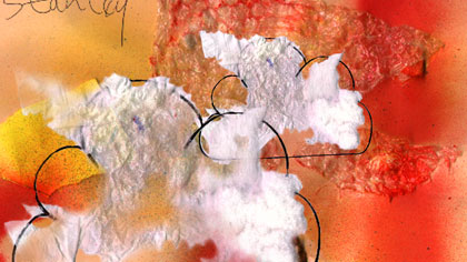 film still: “...and then it pops.” Bubble-wrap clouds on a airbrushed sky (by Stanley).


