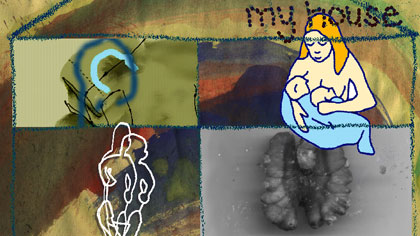 film still: My house. Collated in After Effects, includes the Karma Sutra of breast feeding.

