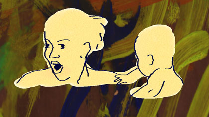 film still: Me and babies in the swimming pool. Background layered painting colour keyed and layered again.

