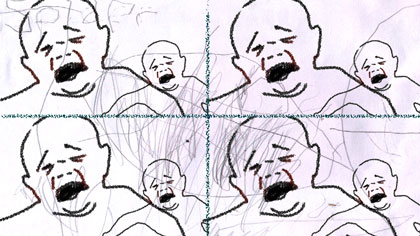 film still: Multiple image of Stan wailing – crying because we were holding him up to a mirror!

