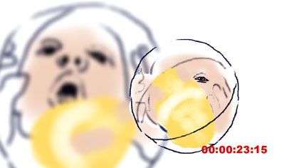 film still: Stan trying to breast feed from a fake gerbil in a plastic ball.

