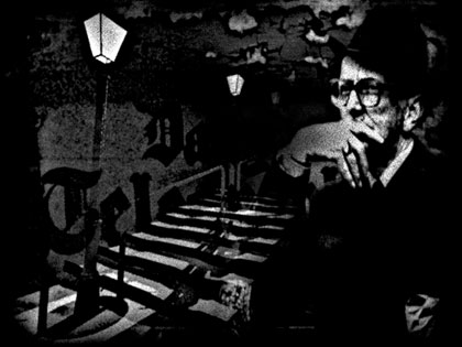 film still: The old footsteps: The first piece of 3D animation that I had ever made and actually liked was of a set of London Underground escalators. This scene was a simple way of repeating it, but in a Yorkshire village! The picture of the man was taken by my brother David… he had taken loads of photographs of men at an old railway station which had steam trains travelling up and down. Because they were so wrapped up with the event he could get really good candid shots of them lost in their thoughts.

