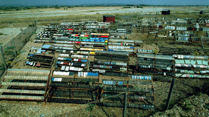 film still: Wide of site: To get this shot I raised my stills camera up an approximately 25ft pole, to be able to have a view looking down on the site as something of a whole.

